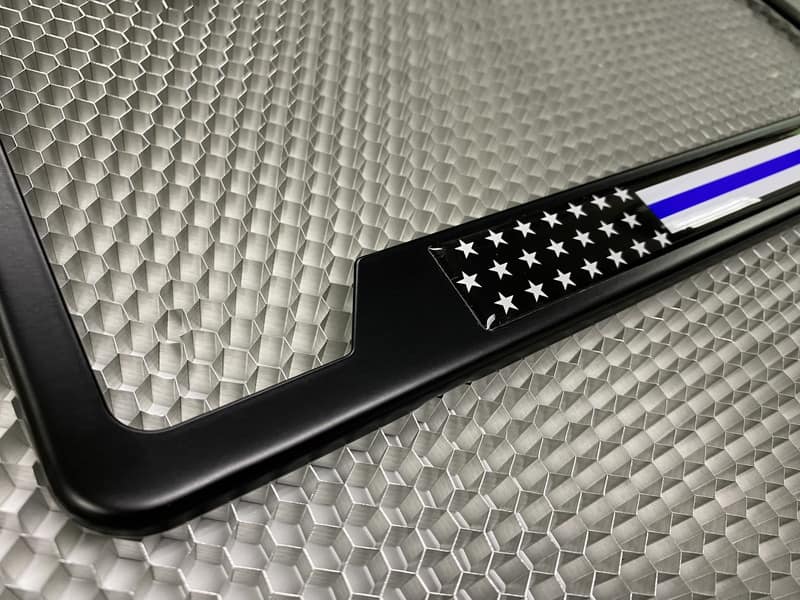 Thin Blue Line with US Flag - Stainless Steel Black 2-hole Car License Plate Frame